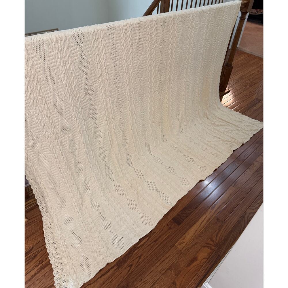 Handmade Cables and Lace Afghan Knit Blanket approx 7ft x 6ft cream
